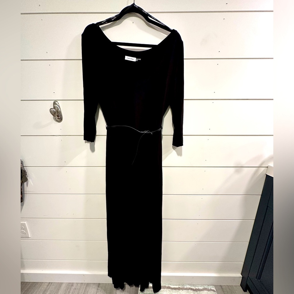 Black Calvin Klein gown with belt